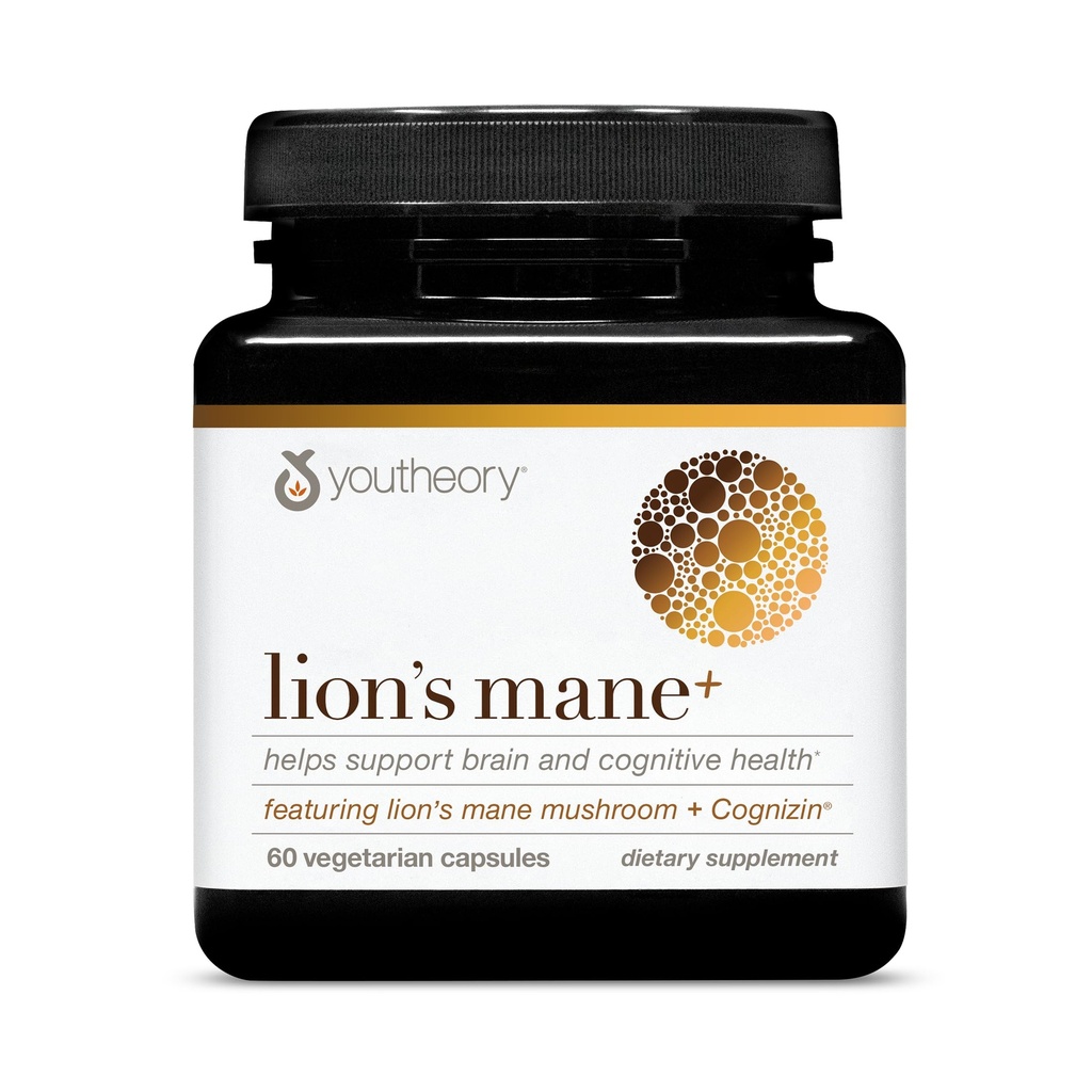 Youtheory Lion's Mane Plus - Mushroom Supplement met Cognizin - Biedt Focus & Brain Support* - 60 Vegetarische Capsules