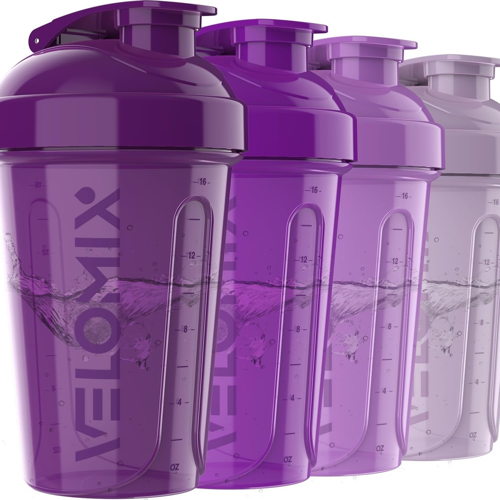 VELOMIX -4 PACK- 20 OZ Protein Shaker Flessen voor eiwitmixen, Shaker Cups voor eiwitshakes, Small Shaker Bottle Pack, Shaker Cup, Shakers voor eiwitshakes (Paarse Bloom)