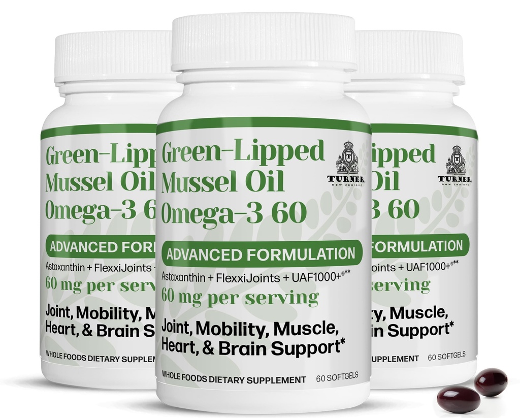 TURNER Nieuw-Zeeland Groene Lipped Omega-3 Mosselolie, 53x Hogere Potentie met UAF1000+ Super Antioxidant. Geen Fishy Aftersmaak, 3 Flessen, 180 Softgels