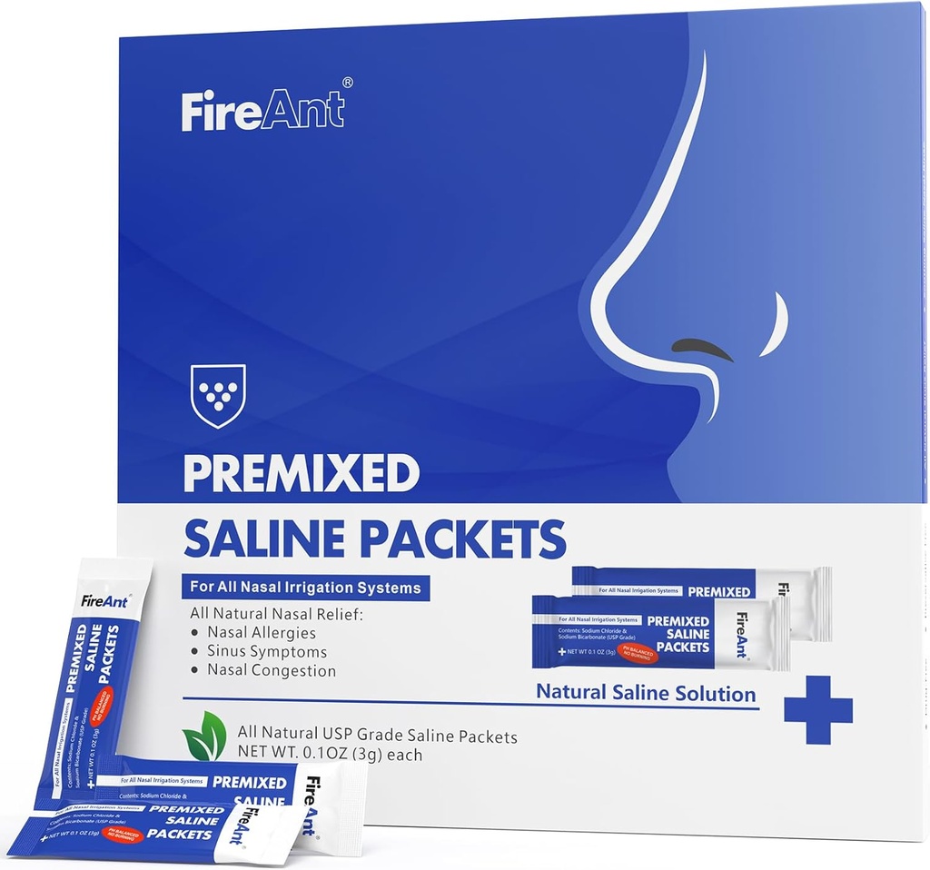 FireAnt Saline Packets voor Sinus Rinse, 100 Premixed Neti Pot Salt Packet voor Nasal Rinse, Sinus Rinse Packets voor Neus Irrigatie System, PH Balanced - Slate Blue
