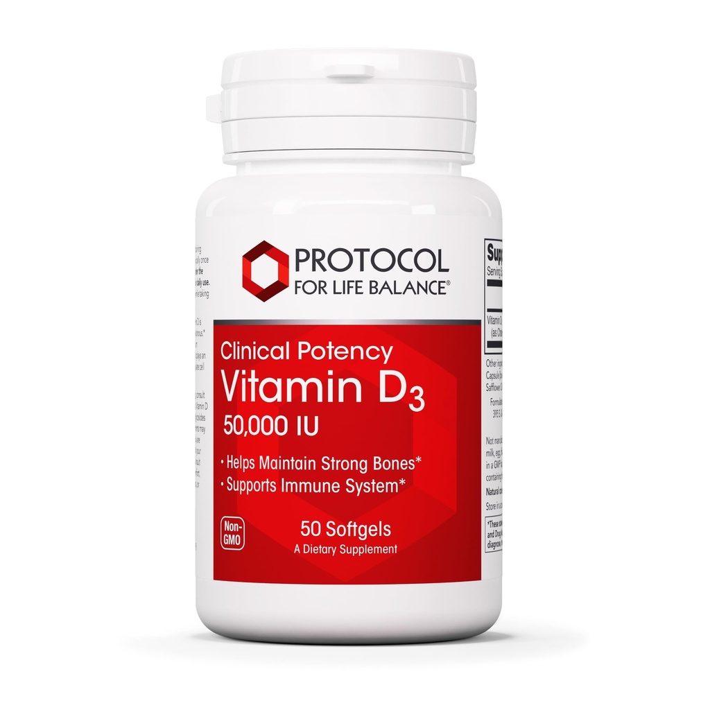 PROTOCOL VOOR LIFE BALANS Vitamine D3 50000 IE - Immune Support Health Bones and Teeth - 50 Softgels