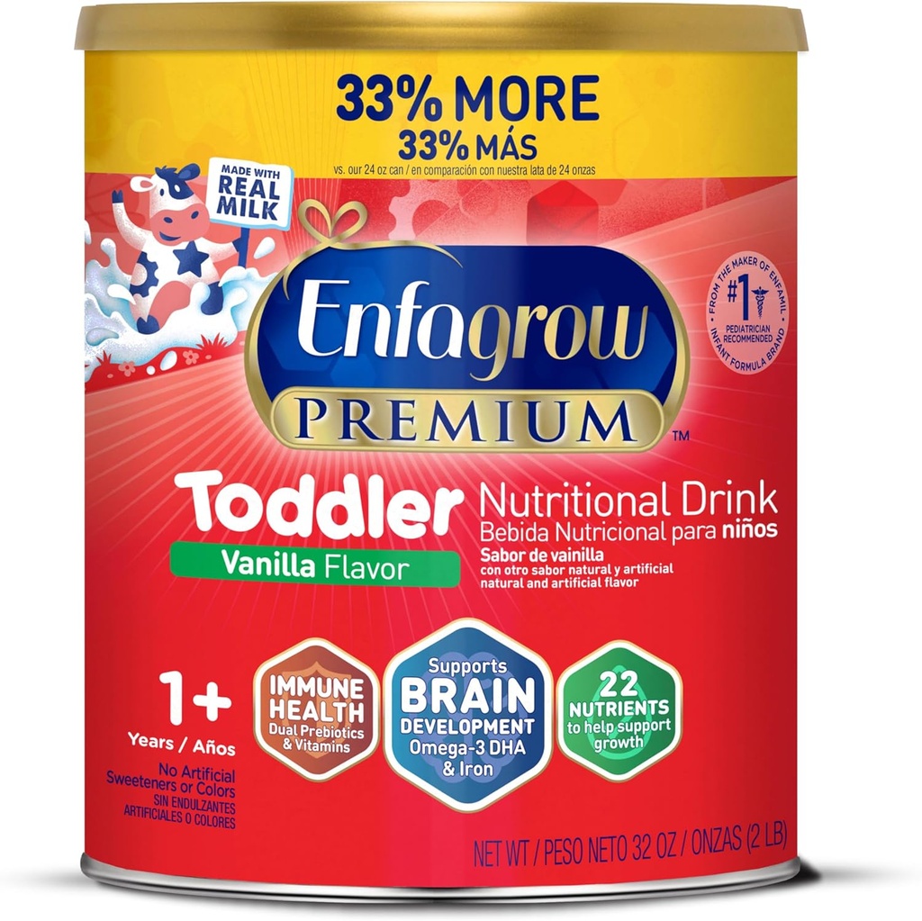 Enfagrow Premium Peuter Voedingsdrank, Natuurlijke Vanille Smaak, Omega-3 DHA voor Hersenondersteuning, Prebiotica & Vitaminen voor Immune Health, Non-GMO, Powder Can, 32 Oz (pakket van 1