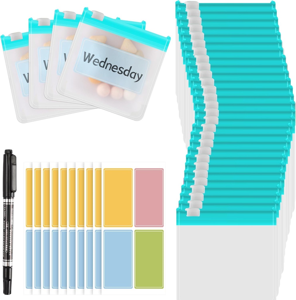 MARFOREVER 39 stuks pilzakjes, herbruikbare medicijnzakjes pilzakjes geritst medicijnpakketjes reispil Organisator 28 stuks plastic pilzakjes met schuifslot 10 vellen etiketten en 1 PC Marker