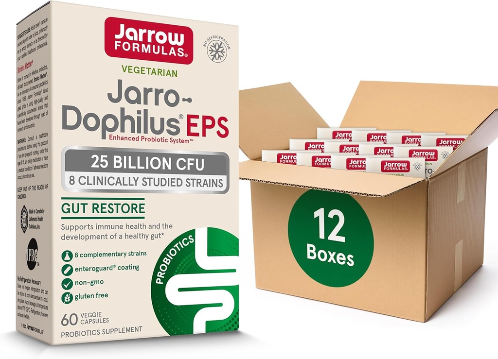 Jarrow Formulas Jarro-Dophilus EPS Probiotics 25 Billion CFU for Intestinal Tract Support, Gut Health Probiotics Supplements for Women and Men, 60 Veggie Capsules, Up to a 60 Day Supply, 12 Packs