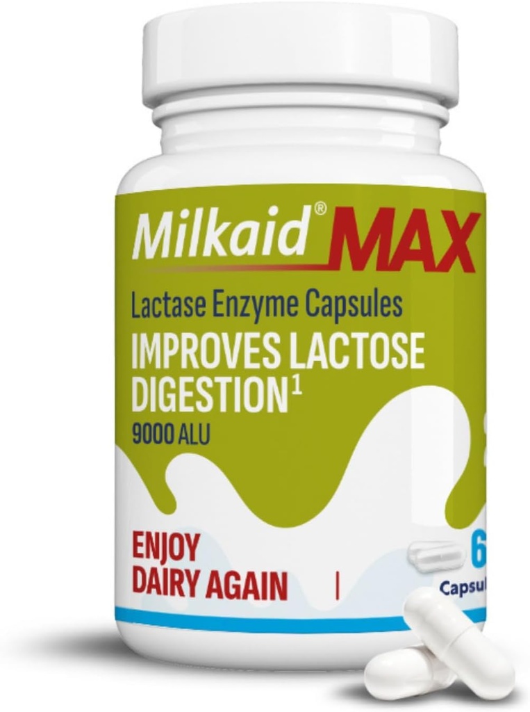 Milkaid Max Capsules for Lactose Intolerance Relief with Lactase Enzyme, Dietary Supplement to Help Prevent Gas, Bloating & Diarrhea Vanwege Lactose Sensitiviteit .
