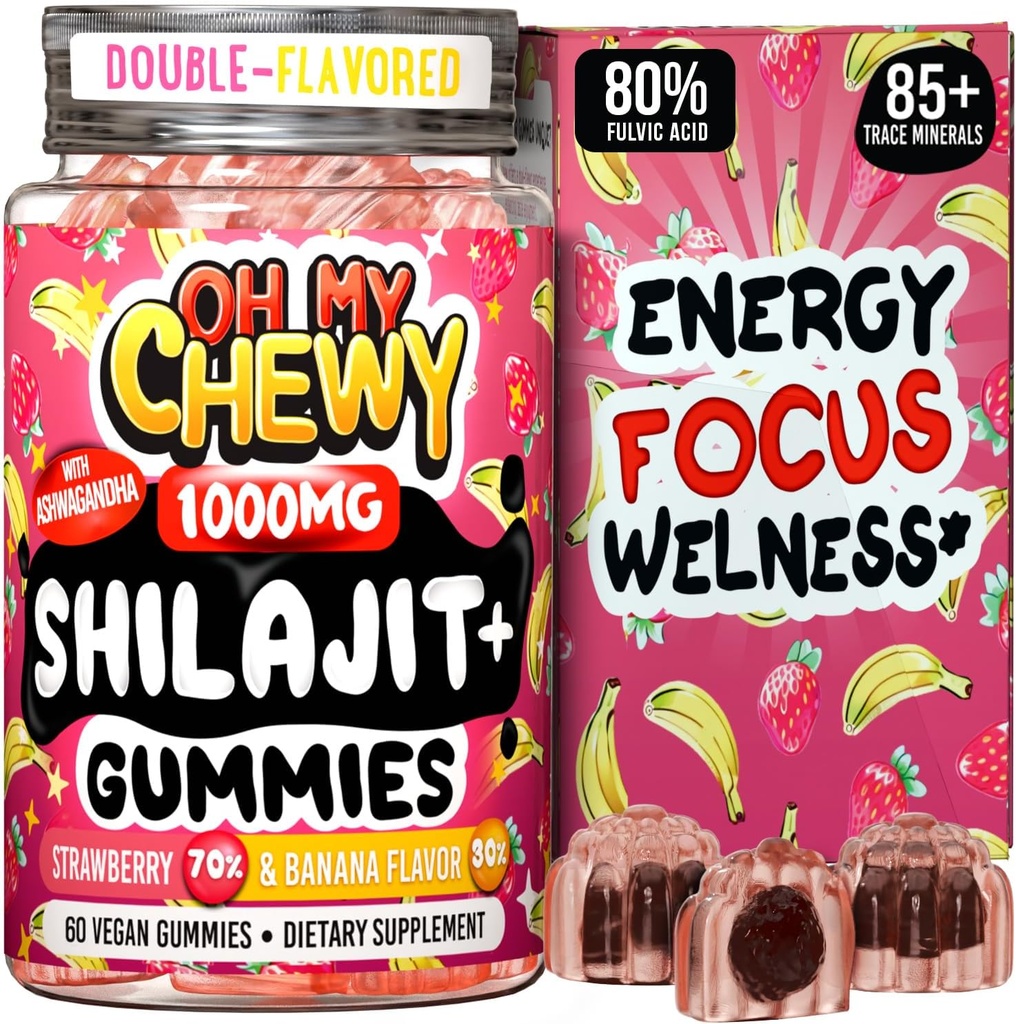 Pure Himalaya Shilajit Gummies - High Potency Gold Grade Resin - Energy Boost and Immune Support for Men and Women with Ashwagandha and Shatavari - 60 Gummy - Aardbei & Banana