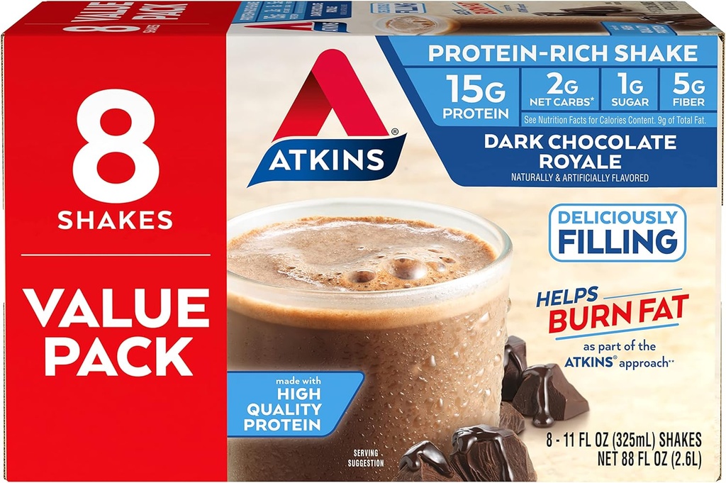 Atkins Glutenvrije eiwit-Rich Shake, Dark Chocolate Royale, Keto-Friendly, 8 Tellen (pakket van 1)