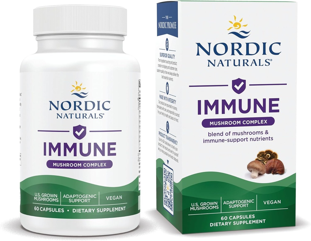 Nordic Naturals Immune Mushroom Complex, Unflavored - 60 Capsules - Adaptogenic Support - Multi-Mushroom Blend - Optimale Wellness - Non-GMO - Certified Vegan - 30 Servers