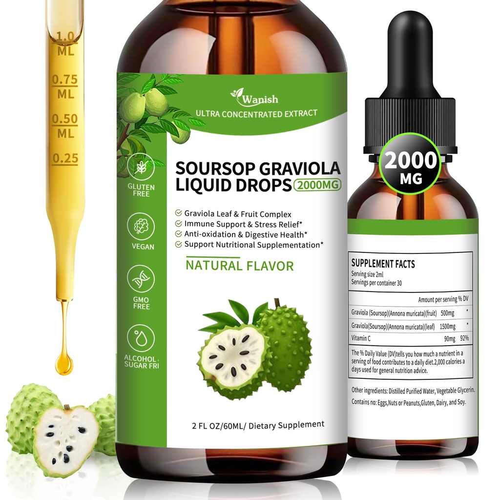 Wanish Biologische Soursop Graviola Liquid Drop,Sour SOP Bitters Liquid for Cell Support & Regeneration, Immune Boost, Lever en Slaap, Kruidengoed, Suiker/Gluten Vrij, Natuurlijke Smaak, 2 Fl Oz