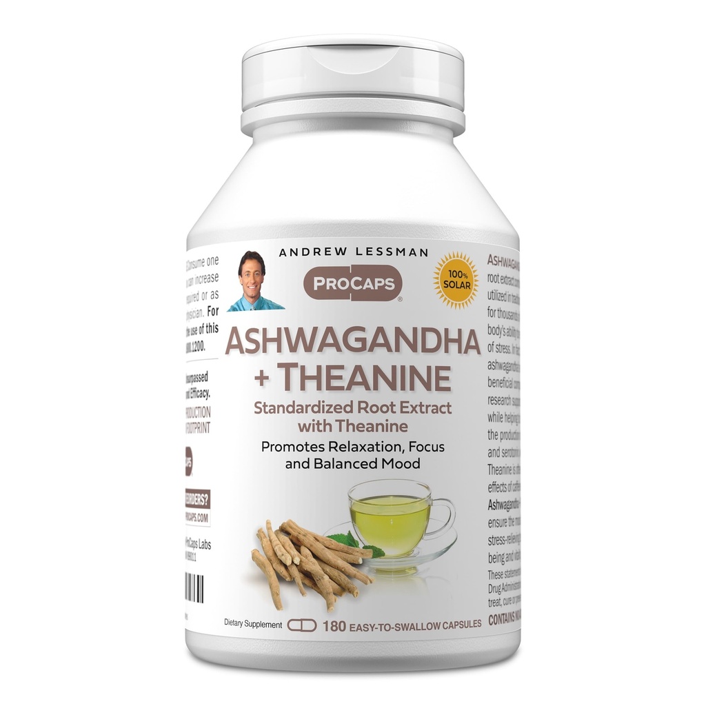 ANDREW LESSMAN Ashwagandha + Theanine 180 Capsules - Standaard Extract. Bevordert ontspanning, concentratie en evenwichtige stemming. Klein Makkelijk te slikken capsules