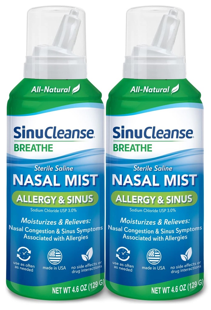 SinuCleanse Allergie & Sinus Steriele Saline Neusspray, Ultra Fine Mist, onmiddellijk vocht & Verlicht ernstige neuscongestie als gevolg van allergieën, 4.6 Oz (2 Pack), Made in USA
