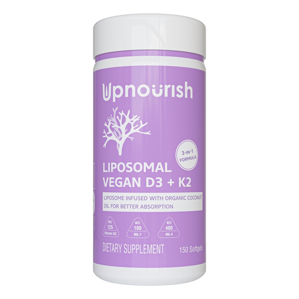 UpNourish Certified Vegan Vitamin D3 5000 IE K2 MK4 MK7 500 mcg Supplement, 150 Softgels, plantaardige liposomale vitamine D K met biologische kokosolie, non-GMO, gluten en gelatinevrij