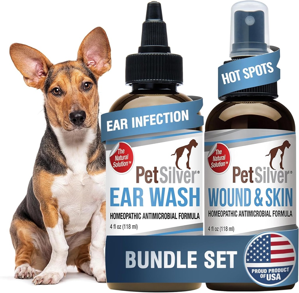 PetSilver - Wound & Skin Spray (4 fl oz) en Oorwash (8 fl oz) met gepatenteerd gecheleerd zilver - Wondverzorging, Hot Spot, & Itch Relief Spray - oorreiniger & behandeling voor katten en honden - Made in USA