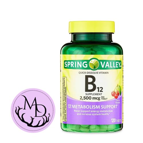 Generic Spring Valley, Vitamine B12 2500 mcg, B12 Quick-dissolve Cherry Flavor Tablets Dieetsupplement, Vitamine B12, 120 Tel + DRI Store +Sticker