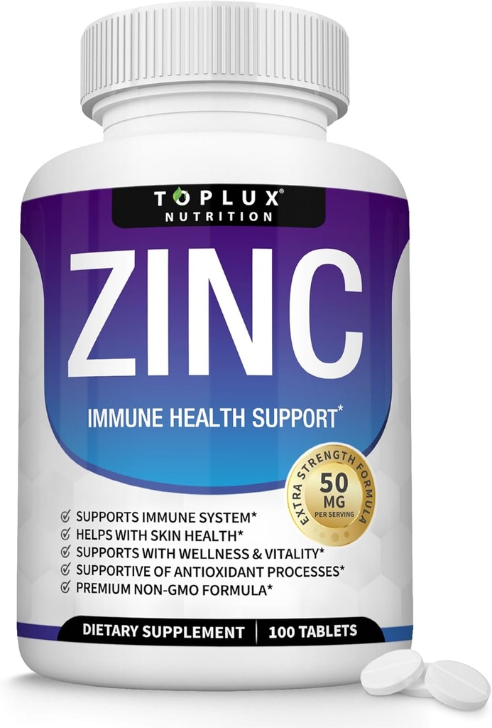 Zink Supplement 50mg voor Immuun Ondersteuning Puur natuurlijk zink Oxide om Boost Immuun System, Skin & Antioxidant Support, High Potency Immunity Booster, voor mannen Vrouwen, 100 tabletten