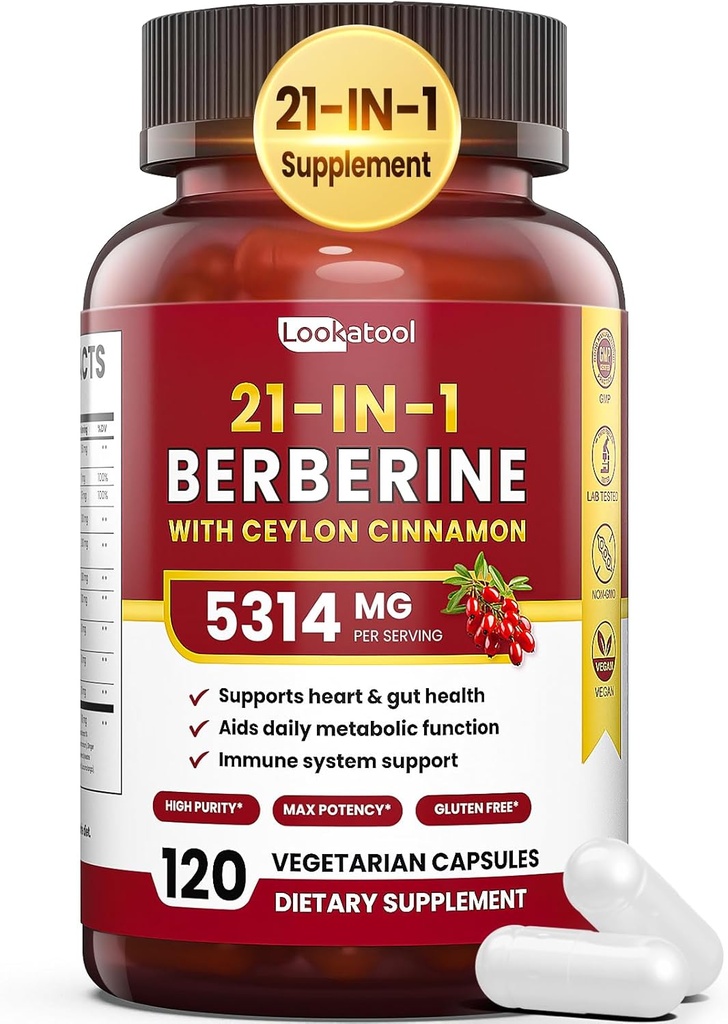 21-in-1 Berberine Supplement met Ceylon Cinnamon - 1500mg Biologische Berberine HCL Phytosome, 5X Hogere Absorptie voor Metabolisme Ondersteuning 100 Capsules
