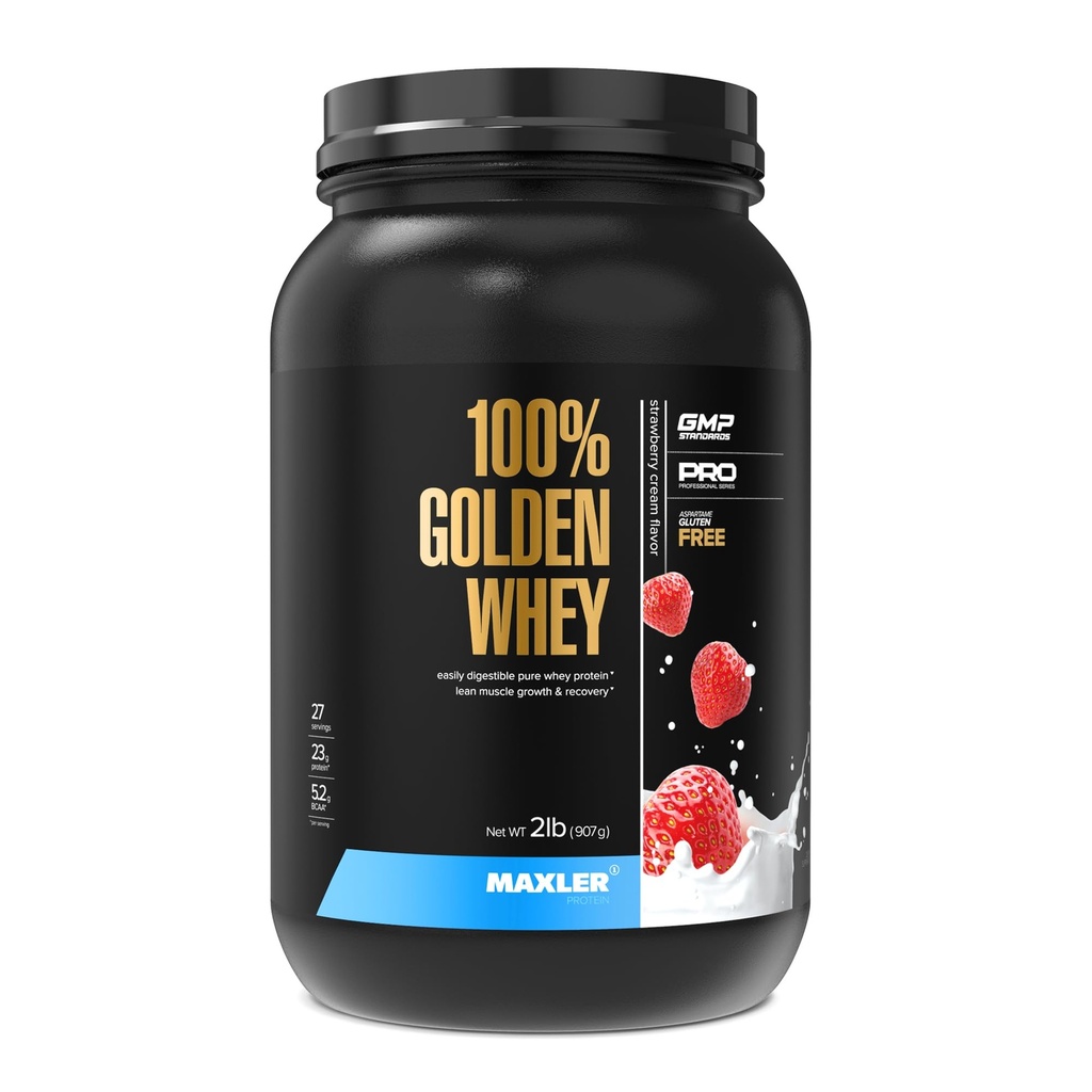 Maxler 100% Golden Whey Protein - 23g proteïne per portie - Premium Wei Proteïne Poeder voor Pre Post Training - Fast-Absorbing Wei Concentrate, Isolaat & Hydrolysaat Blend - Aardbei Cream 2 lb