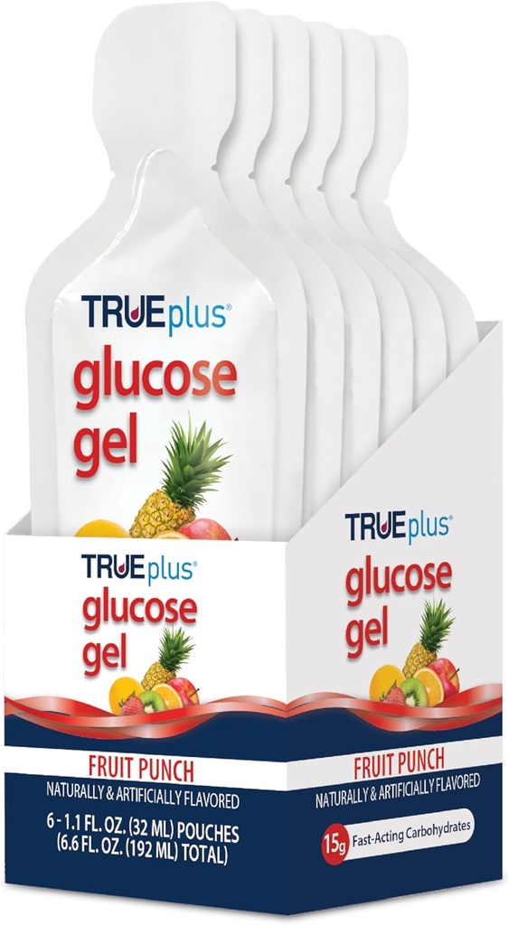 TRUEplus Glucose Gel Pouch, Fruit Punch Smaak, 15g Snelwerkende Koolhydraten, Vetvrij, Glutenvrij, Snelle Ondersteuning voor Lage Bloedsuiker en Energie, 6 Pack