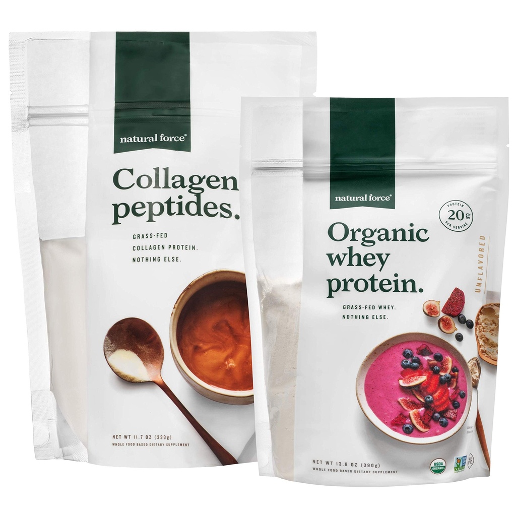 Natural Force Clean, Grass Fed Collagen Peptiden + Unflavored Biologische Wei Proteïne Bundle 