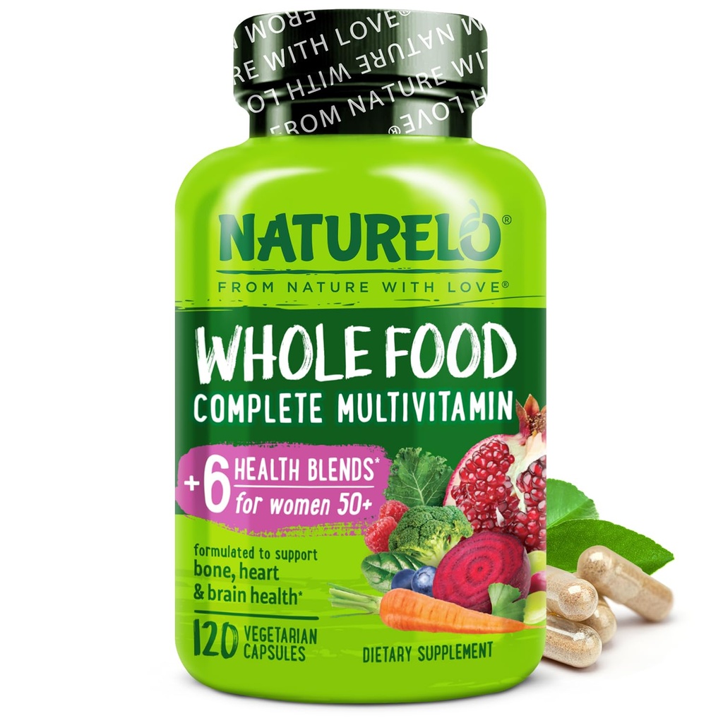 NATURELO Whole Food Multivitamine for Women 50+ (Iron Free) with Vitamins, Minerals, & Organic Extracts - Supplement for Post Menopausal Women Over 50 - No GMO - 120 Vegan Capsules