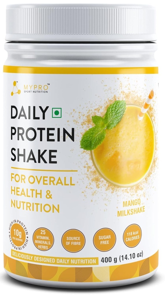 Algemene QURA dagelijkse eiwitshake 118 kcal Calorieën,25 Vitamine,Minerals & 7 Kruiden,Provide Energy,Support Immunity & bot Health-For Men & Women Mango Milk Shake Smaak -400Gm-40 Servers