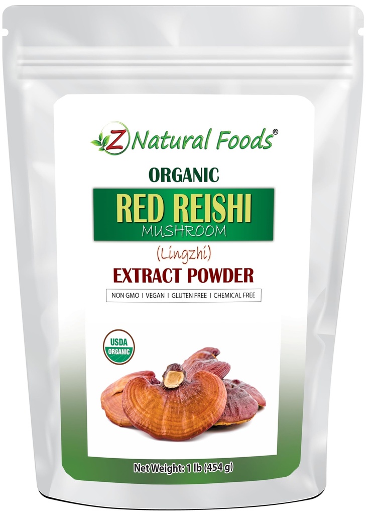 Z Natural Foods Organic Reishi Mushroom Extract Powder - Weight 1 lb - Concentrated Premium Extract for Supporting Immune Health, Energize Your Morning by Adding it to Coffee and Tea | Organic, Concentrated Red Reishi Extract, Traditionally Grown on Wood Logs, Adaptogen, Mixes Into Coffee & Tea