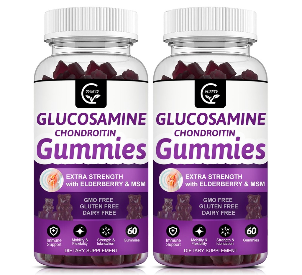 Glucosamine Chondroïtine Gummies met MSM & Vlierbes Extra sterkte - Flexibiliteitsondersteuning, Antioxidant Immune Ondersteuning Supplement voor volwassenen, mannen & vrouwen - 60 Chondroïtine Gummies (2 Pack)