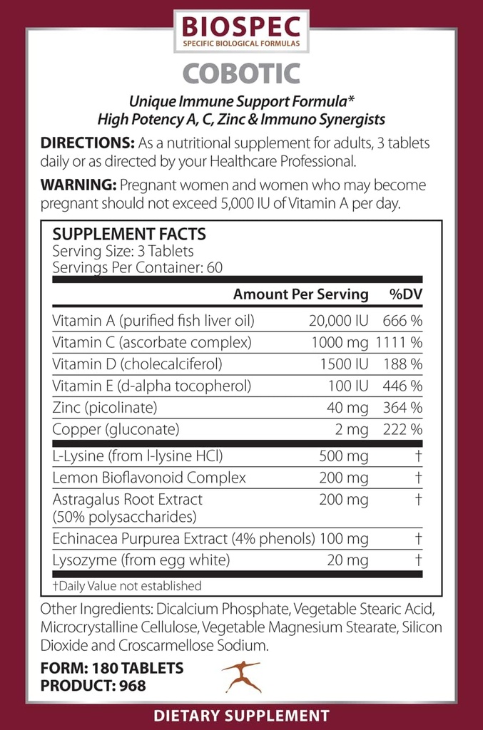 BIOSPEC NUTRITIONALS Cobotic - Immune Support Supplement - Vitamine A, Vitamine C, Vitamine D, Vitamine E, Zink