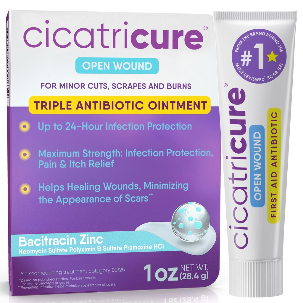 Cicatricure Triple Antibiotische Zalf met pijnverlichting, Bacitracin Antibiotische Zalf & Crème voor wondverzorging, Genezing Zalf voor snijwonden, brandwonden, Insectbijten, eerste hulp Essentiële, 1 oz