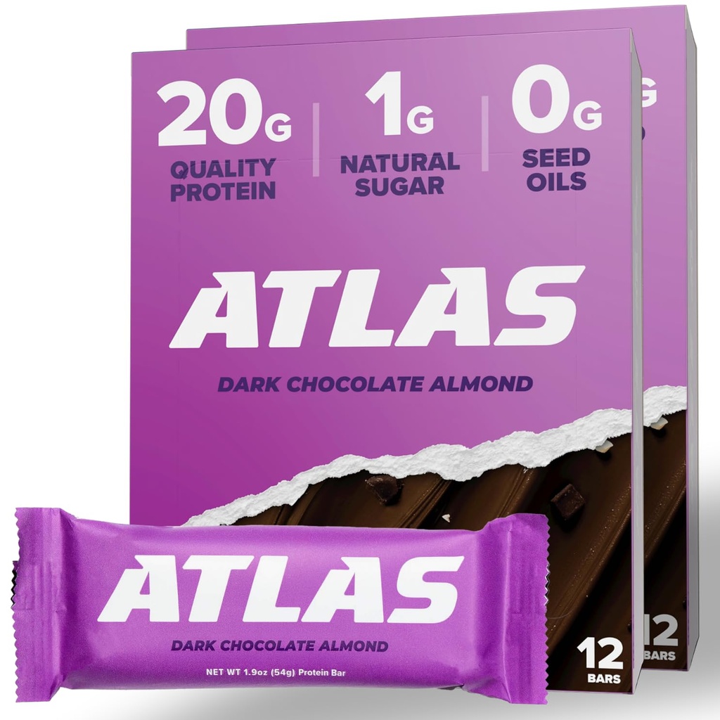 Atlas Protein Bar, 20g Protein, 1g Sugar, Clean Ingredients, Gluten Free, Dark Chocolate Almond (12 Count, Pack of 2)