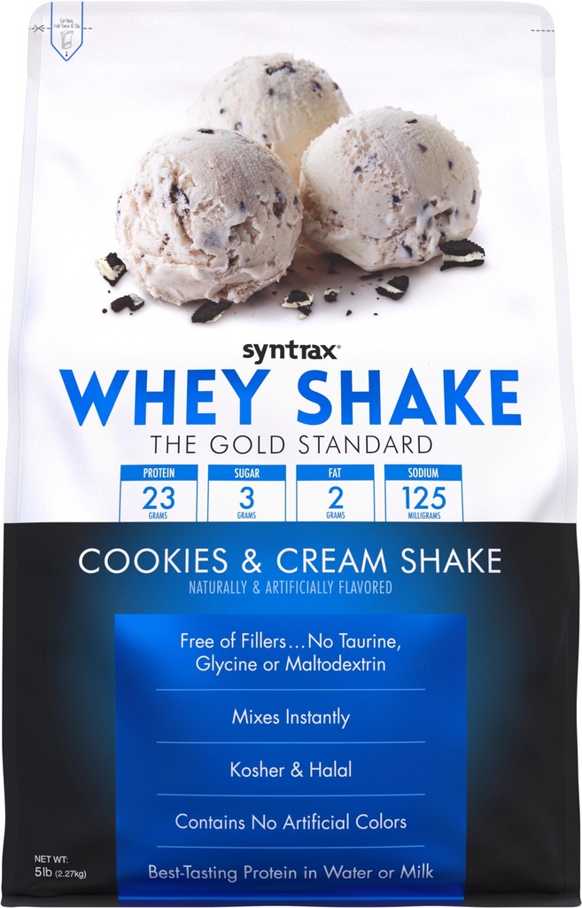 Syntrax Nutrition Wei Shake, koud gefilterd en niet gedenatureerd Wei Proteïne Poeder Blend, Cookies & Crème Shake, 5 lbs, Real Cookie Pieces