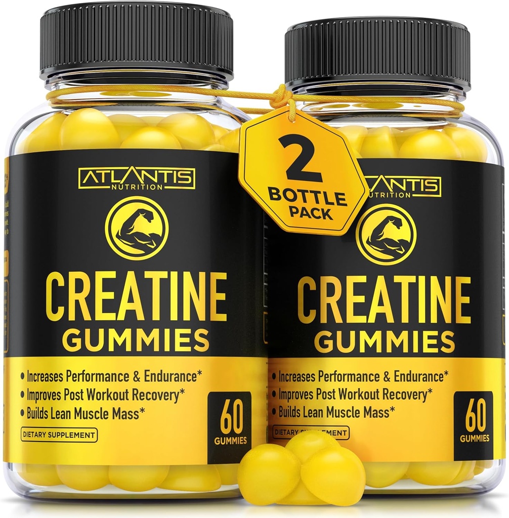 Atlantis Nutrition Creatine Monohydraat Gummies for Strength & Athletic Performance - 5g Creatine Per Serving - Build Muscle, Boost Performance & Endurance & Improve Post Workout Recovery - 120 Tel.