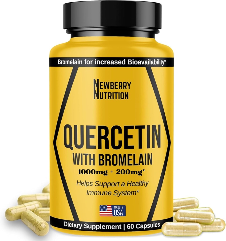 Quercetine met Bromelain Supplement 1200mg, Quercetine 500mg Capsules, helpt bij het ondersteunen van gezonde immuniteit, Krachtig Antioxidant, 60 Tellen