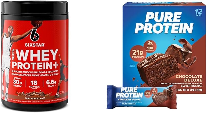 Six Star Elite 100% Whey Protein Plus Triple Chocolate 1,8lbs en Pure Protein Chocolate Deluxe Proteïne Bars 12 Count Pack