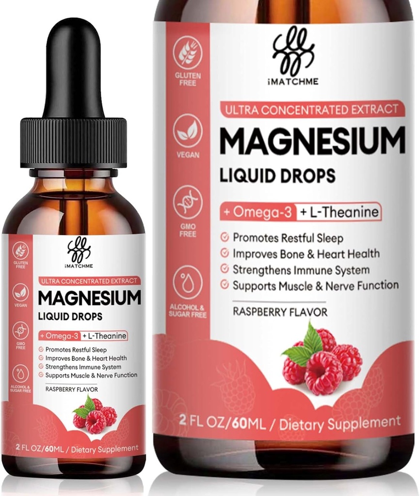 Kalm Magnesium Liquid Drop met Magnesium Glycinate, Citrate, Oxide & Taurate voor bot, hart, spier, Immune, Energie, Slaap & Digestie, Hoge Absorptie, Suikervrije, Raspberry Flavor,2 Fl Oz