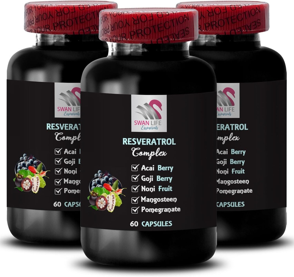 Berry Voordelen - RESVERATROL COMLEX - Dagelijkse ondersteuning, Acai Berry Energy, Goji Berry Power, Grape Skin Boost, Hydration Factor, Vlierberry Strength, Voedingsondersteuning 3 flessen 180 capsules
