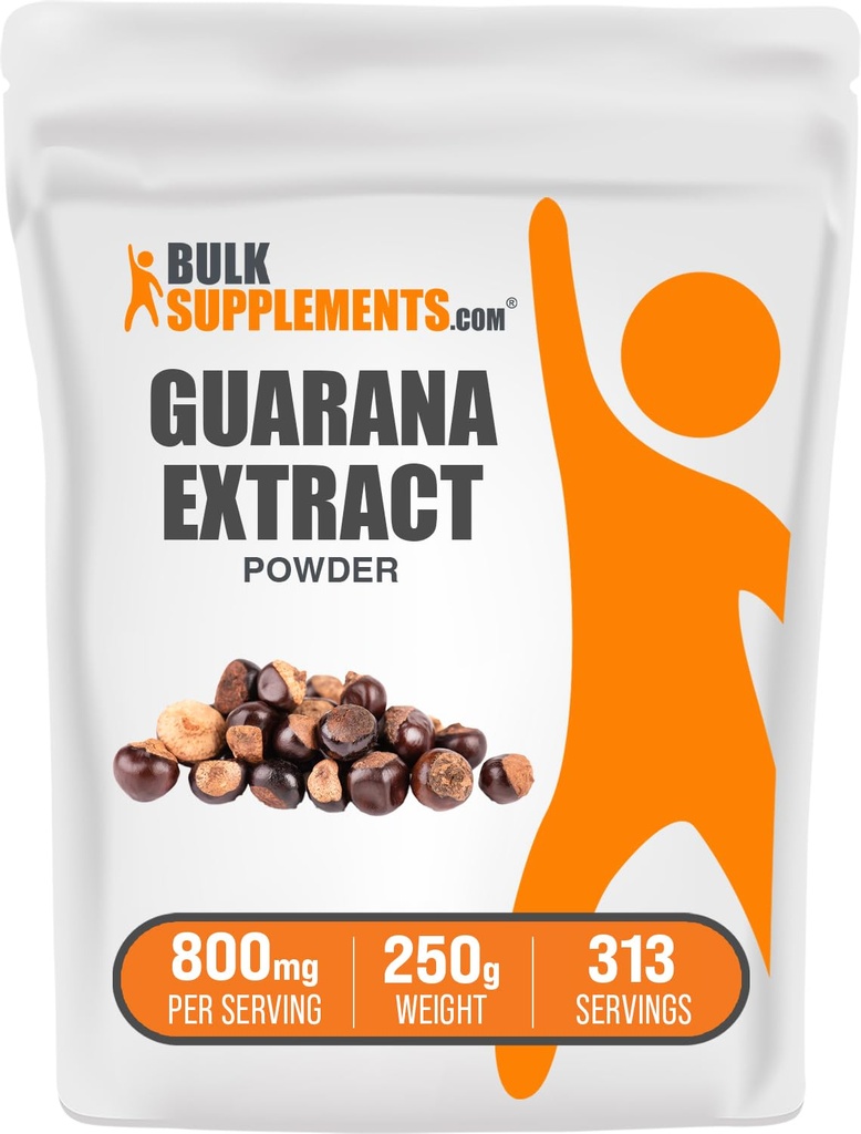 BulkSupplements.com Guarana Extract Powder - Natural Cafeïne Supplement, uit Guarana Seed, Guarana Powder - Glutenvrij, 800mg per portie, 250g (8.8 oz) (pakket van 1)
