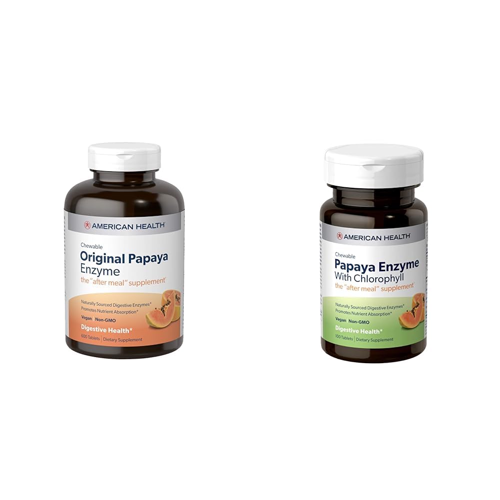 American Health Papaya Digestief Enzyme Kauwtabletten Bundel - Origineel 600 Tel en met Chlorofyl 100 Tellen
