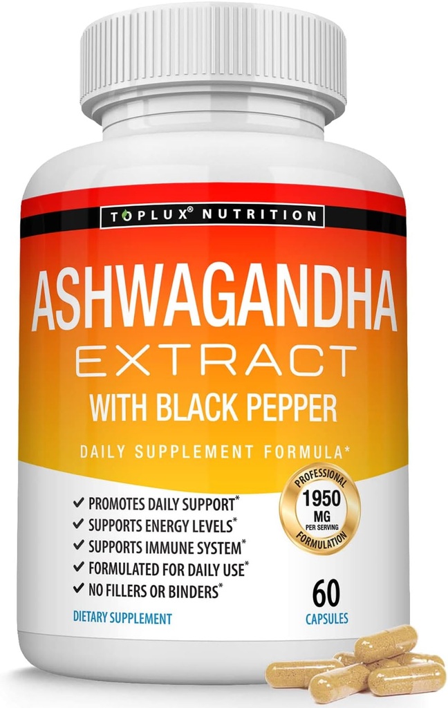 Biologische Ashwagandha wortel poeder pillen 1950 Mg met zwarte peper Extract - Pure natuurlijke Ashwagandha supplement, ondersteuning energie, voor mannen vrouwen, 60 capsules