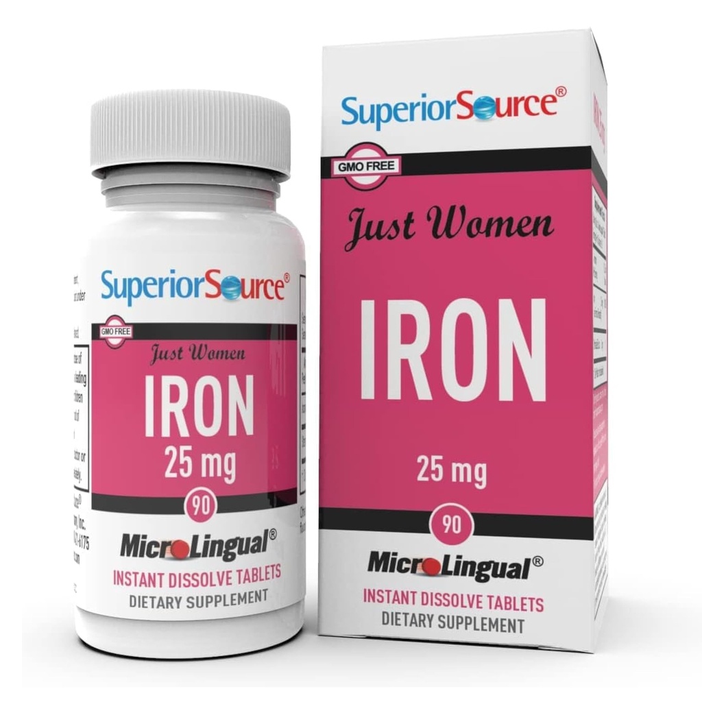 Superior Source Just Women - Iron 25 mg, (Ferrous Fumarate), Under The Tongue Quick Dissolve MicroLingual Tablets, 90 Count, Easily Absorbed, Assists Red Blood Cell Formation, Non-GMO