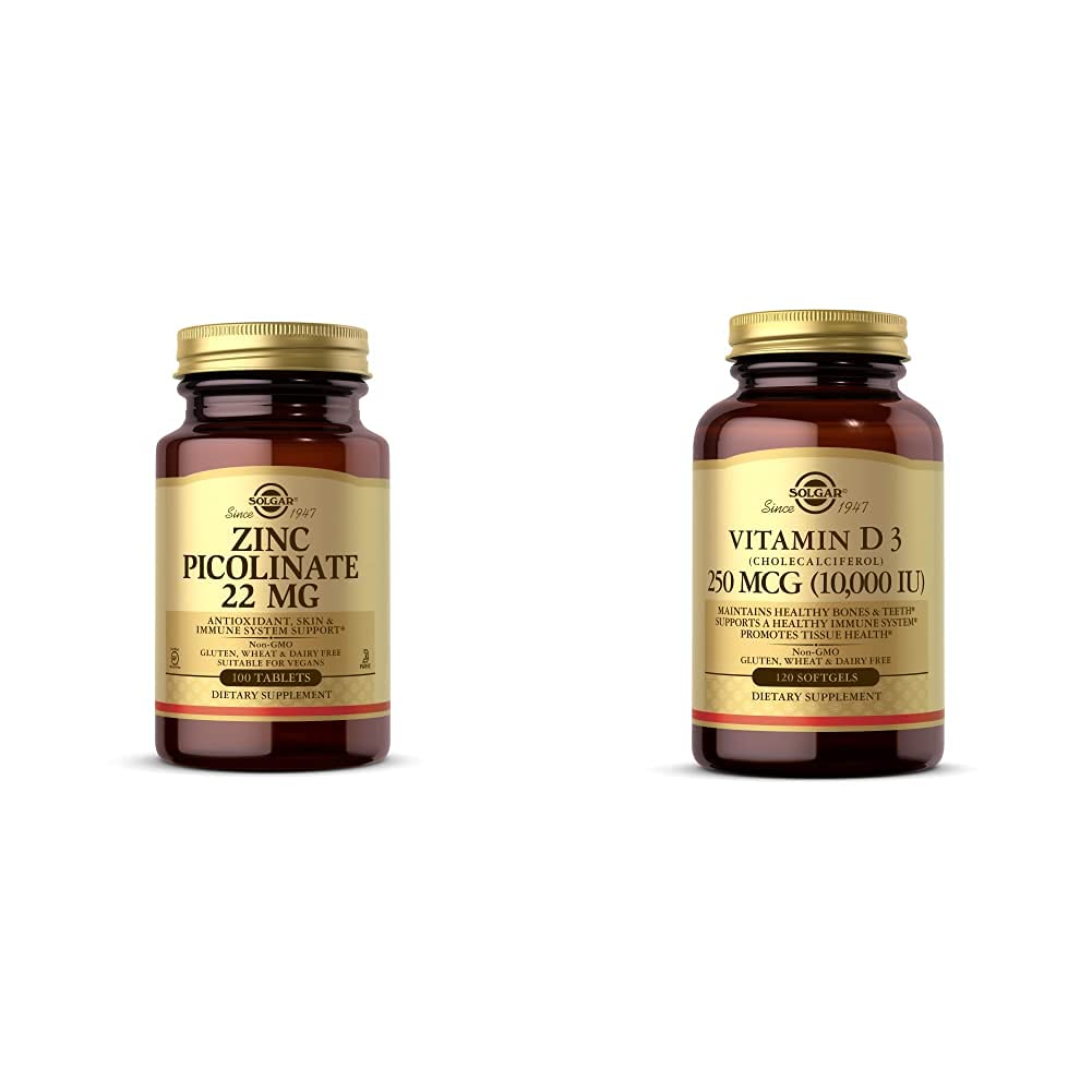 Solgar Zink Picolinaat 22 mg, 100 tabletten - Bevordert een gezonde huid - Ondersteunt het immuunsysteem, normale T met vitamine D3 (Cholecalciferol) 250 MCG (10.000 IE), 120 Softgels - helpt bij het behouden van gezonde botten
