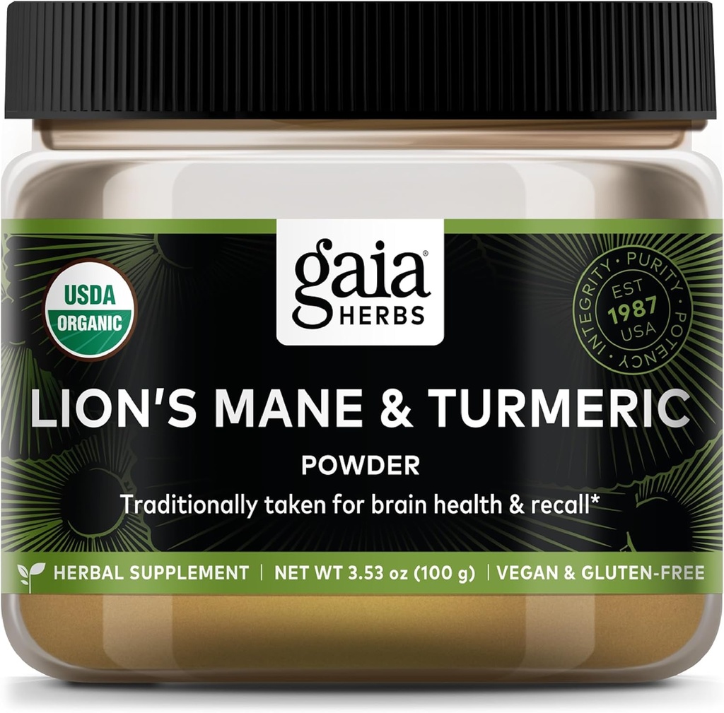 Gaia Kruiden Lion's Mane & Turmeric Powder - Herbal Mushroom Supplement Powder to Help Mainten Brain Health and recall - USDA Certified Organic-3,53 Oz (Up to 45-Day Supply)