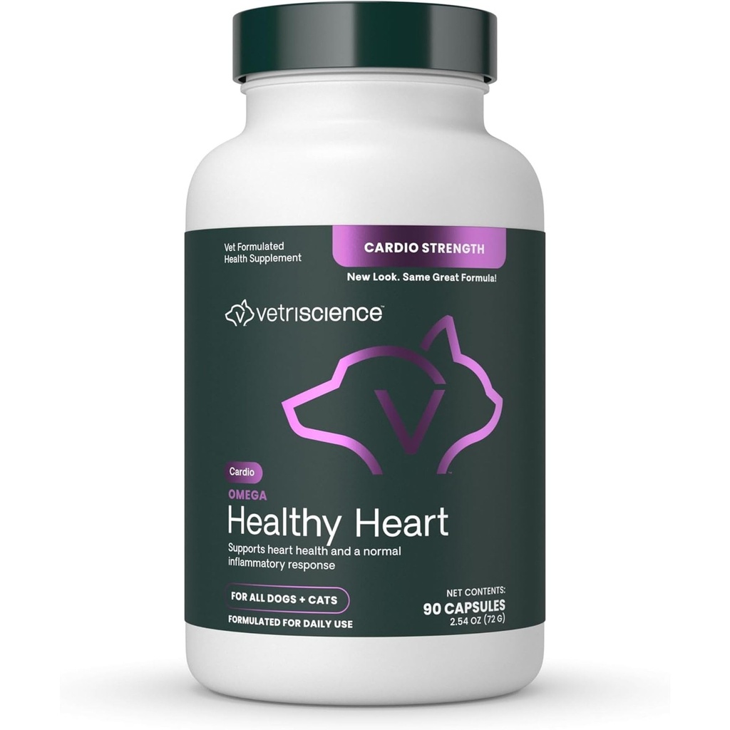 VetriScience Omega Gezond Hart Easy-Open Capsules, Cardio Sterkte Taurine en Omega-3 Supplement voor honden en katten, Hart Ondersteuning Supplement voor Huisdieren, 90 Tellen