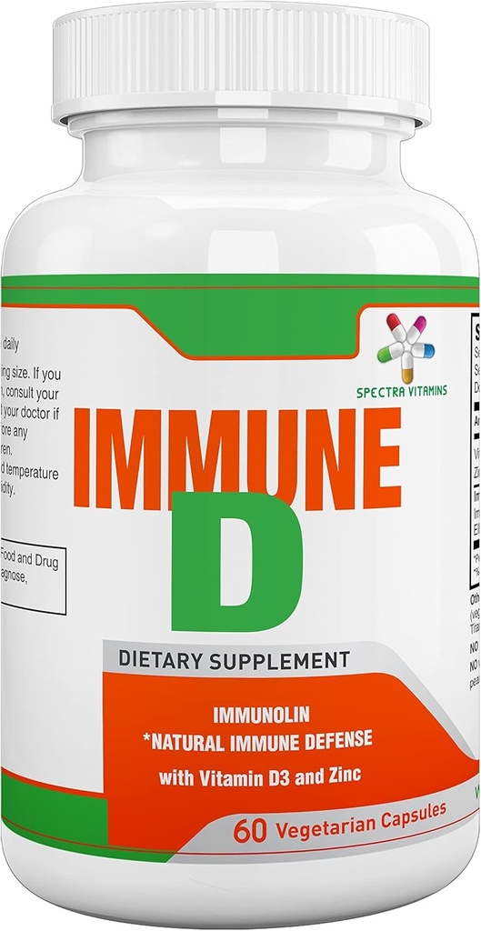 Spectra Vitaminen Immuun D Ondersteuning Dieetsupplement met Immunoline, Vitamine D3, Zink, Ellagic Acid bevordert sterk immuunsysteem voor alle seizoenen, 60 capsules.