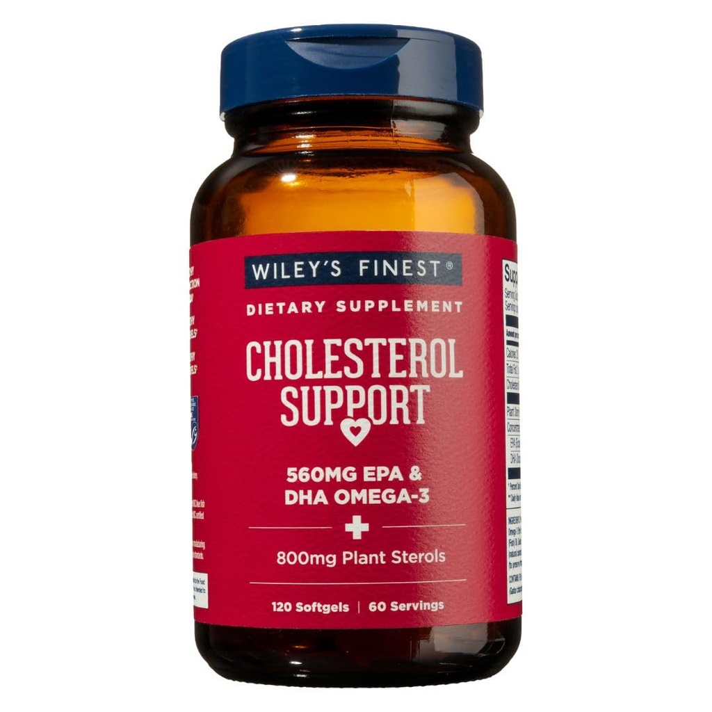 Wiley's Finest Wild Alaskan Fish Oil Cholesterol Support - Heart Health Supplement for Men and Women - 560mg Omega-3s - 120 Softgels (60 Servings)
