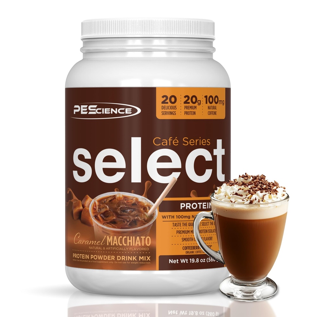 PEScience Select Cafe Proteïne Coffee Flavored Powder, Caramel Macchiato, 100mg Cafeïne, 20g Iced Proteïne Koffiepoeder of Creamer, 20 porties