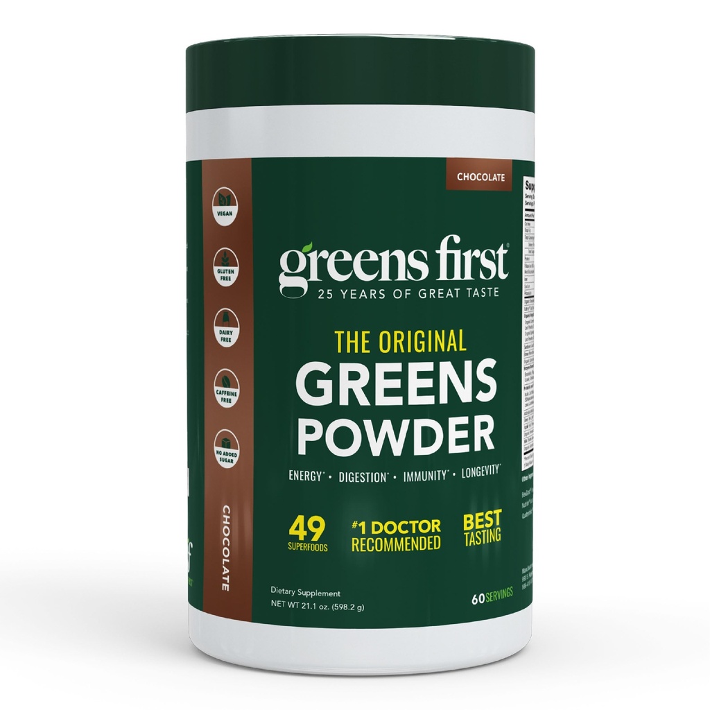 Greens First Original Greens Powder - 49 Superfoods - Organic Fruits & Veggies - Prebiotica, Probiotica, Digestieve Enzymes - Antioxidant Smoothie - Dairy Free, Vegan, Non-GMO (Chocolaat, 60 Servers)
