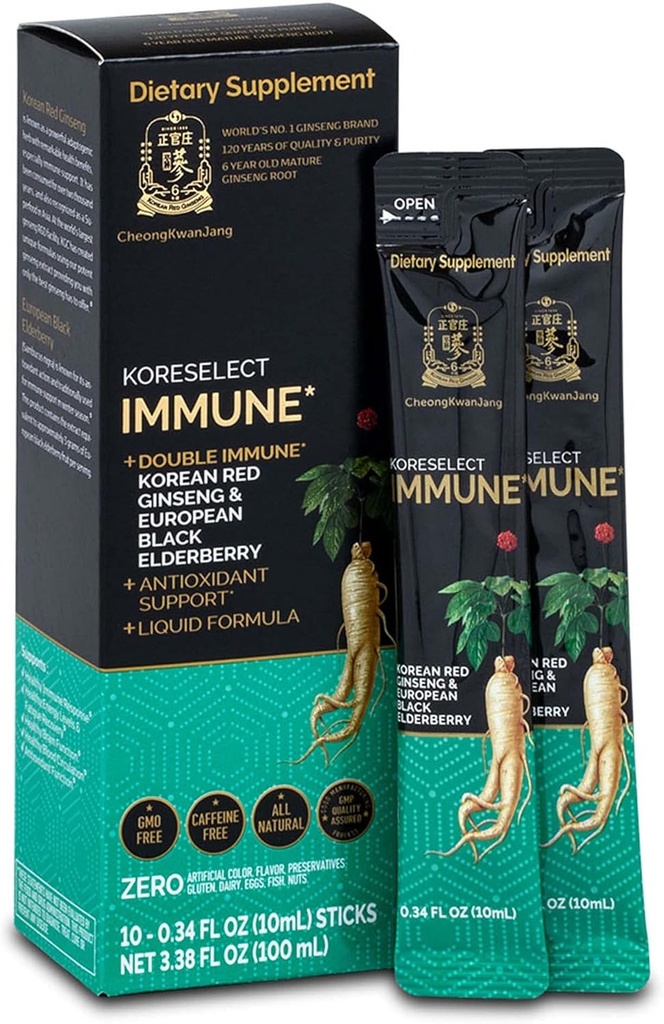 Immune, Korean Red Ginseng Extract met vlierbes vloeibare sticks, Immunity Support, bloedcirculatie Booster, natuurlijke energie supplement, 6 jaar oude Aziatische Panax Ginseng, 10 Tellen