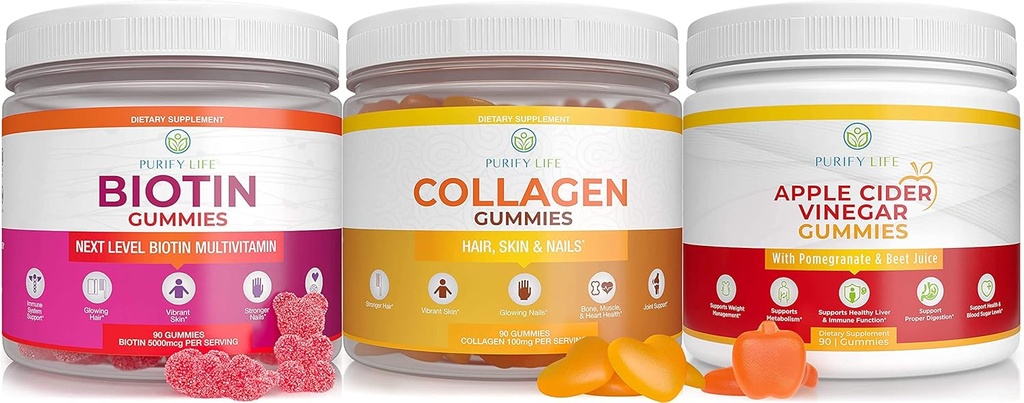 Zuiveren leven Apple Cider Vinegar, Collagen & Biotin Bundle, Gut Health & Digestie, Gummies voor haargroei, gezondere huid & Nails, Veganistisch, Glutenvrij, niet-GMO Alle natuurlijke supplementen