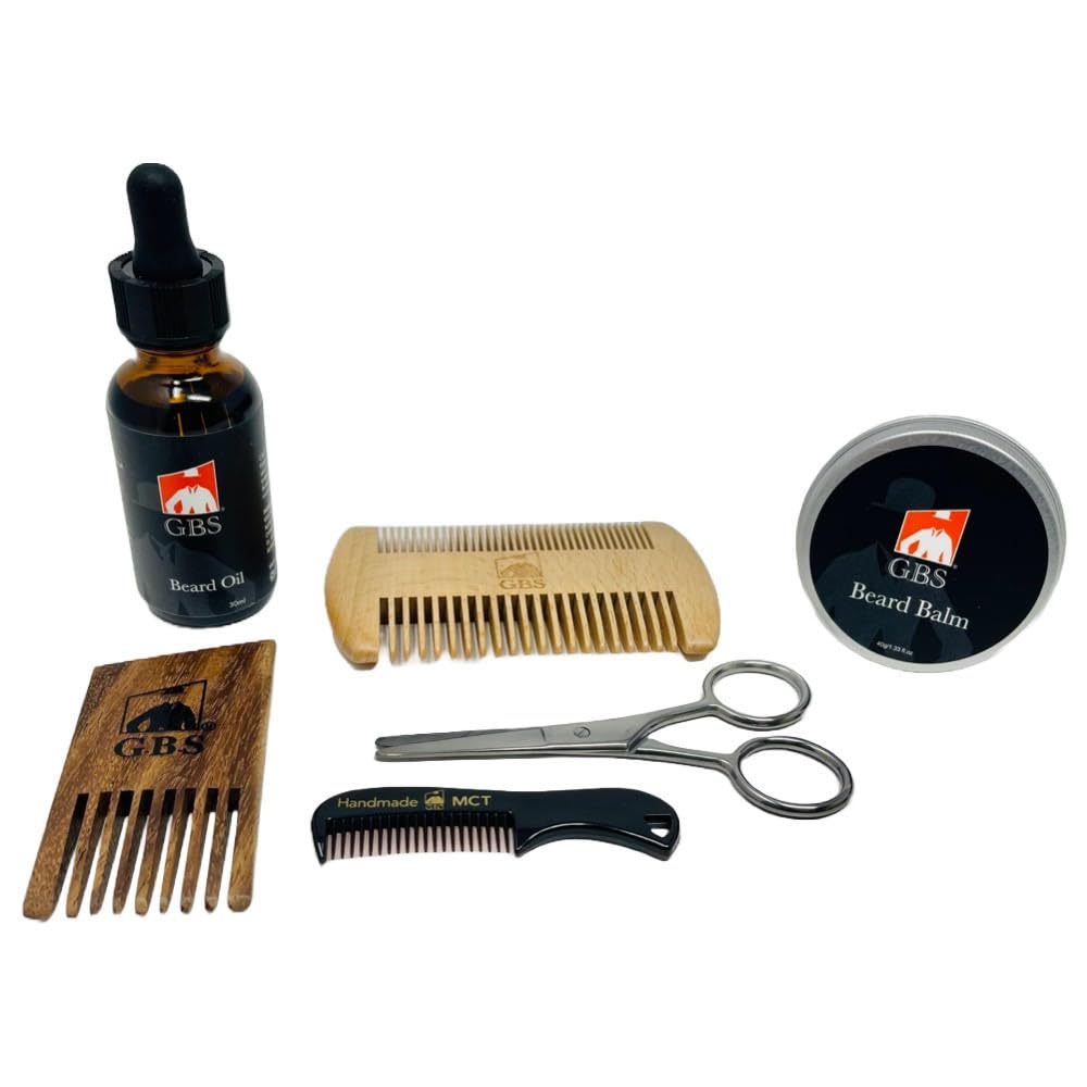 G.B.S Natural Baard Kit - Baard Olie met Jojoba, Baard Conditioning Balm, 2 Sided Wood Baard Styling Comb, Pocket Snor Comb, Baard en Snor Trimmen Schaar